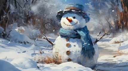 Obraz premium Winter Snowman Closeup of cute funny laughing snowman with wool hat and scarf