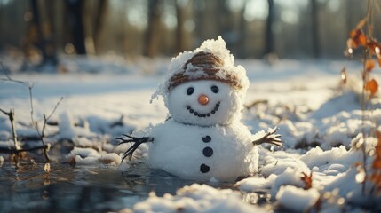 Obraz premium Winter Snowman Closeup of cute funny laughing snowman with wool hat and scarf