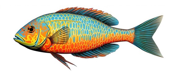 In the isolated white background, an exquisite illustration capturing a cartoon fish in vibrant colors emerges, showcasing fine graphic skills and a lifelike portrayal of marine wildlife. This
