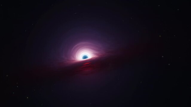 Interstellar black hole with glowing accretion disk and singularity nucleus. Concept 3D animation of cosmic wormhole on starry space background. Theory of relativity and quantum physics wallpaper.