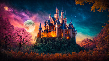 Fantastic fairytale castle, night, moon