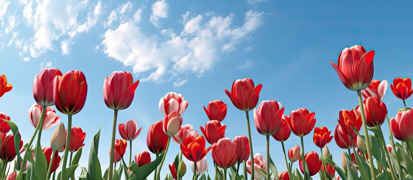In Canada, during the Spring Festival, the vibrant red tulips bloom green garden under the warm sun and the clear blue sky, making them the perfect gift to celebrate the season.