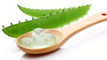 Aloe Vera leaf slices in a wooden spoon and lemon slices isolated on white background, natural organic cosmetic ingredients for sensitive skin, alternative medicine