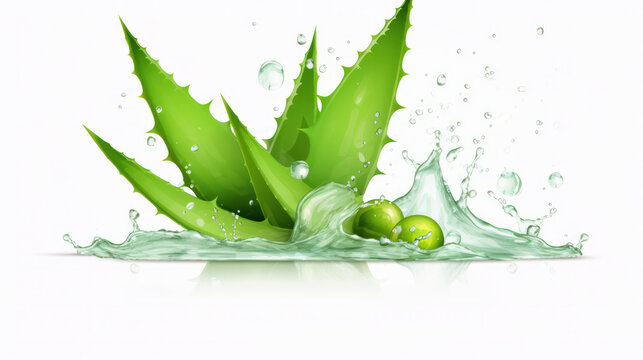 Aloe vera gel splash with aloevera plant isolated on white background.