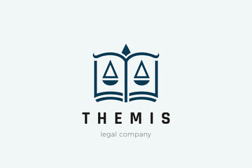 Attorney Advocate Lawyer Law Logo Themis vector design. Open book Bow Scales Attorneys Legal firm Logotype concept icon.
