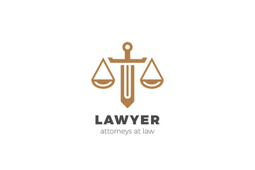 Lawyer Attorney Scales with Sword Logo Legal Protection Vector template.