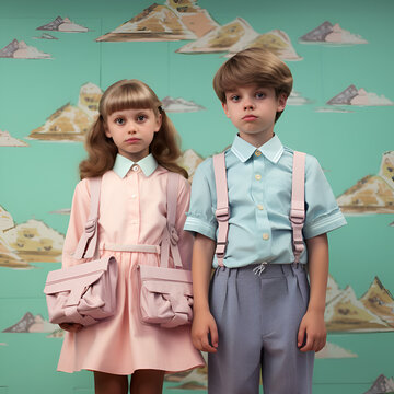 kids in scool with pastel color retro style