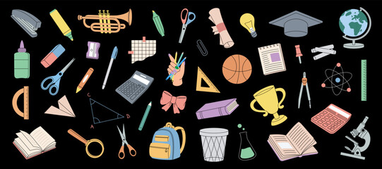 School supplies set. School accessories. Trophy, diploma, notebook, microscope, pencil, paper clip, eraser, schoolbag, globe, scissors, calculator.