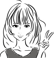 ピースするおしゃれな女の子の線画イラスト