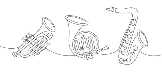Wind musical instruments one line continuous drawing. Tuba, trumpet, french horn, saxophone continuous one line illustration. - obrazy, fototapety, plakaty