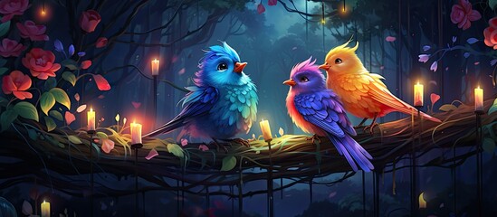 In a whimsical forest filled with vibrant colors, a cute and happy bird with tropical feathers sings sweet melodies, bringing joy and smiles to all with its charming character. The music intertwines - obrazy, fototapety, plakaty