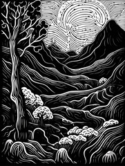 A Black And White Drawing Of A Mountain Landscape - Nature Creation Poster