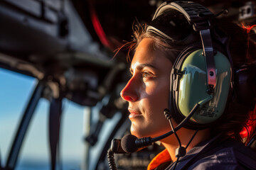 A close-up of a woman helicopter pilot adjusting her headset. - obrazy, fototapety, plakaty