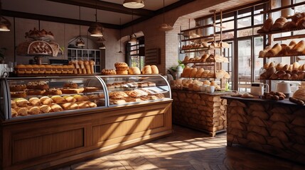 The interior of a traditional bakery, products baked from flour, breads, rolls, cakes - obrazy, fototapety, plakaty