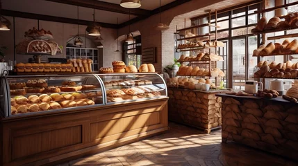 Photo sur Plexiglas Boulangerie The interior of a traditional bakery, products baked from flour, breads, rolls, cakes