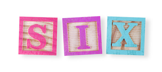 Six concept with childs wood blocks clipping path