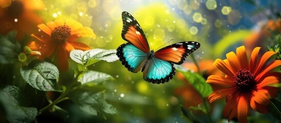 Fototapeta na wymiar In the lush green garden, with a vibrant background of colorful flowers and the soothing blue of a summer sky, a beautiful butterfly fluttered through the air, showcasing the natural beauty of spring