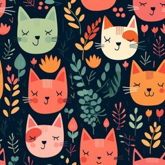 Seamless pattern with adorable and cheerful cats playfully frolicking and enjoying themselves