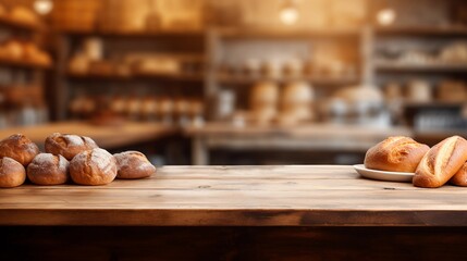 Wooden bakery table, empty board for presenting flour products - obrazy, fototapety, plakaty