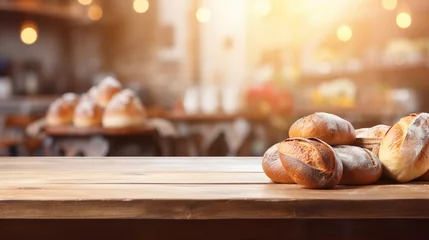 Foto op Plexiglas Bakkerij Wooden table in the bakery, place for the product, loaves of bread