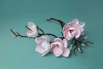 Magnolia flowers on a green background. khaki background. Magnolia branch © Svetlana