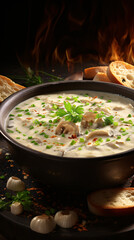 Clam chowder soup. Creamy mushroom, garlic, egg, potatoes, onion. seafood with parsley. created with Generative AI