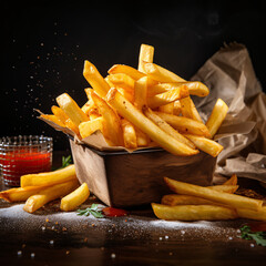 French fries in the basket or bowl. Fried Potatoes with salt and Ketchup. created with Generative AI 
