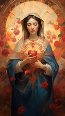 Portrait of the Virgin Mary with red heart in her hands. Vintage style. © mandu77