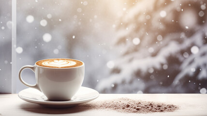 cappuccino on a wooden window sill with blurred winter background, AI Generative.