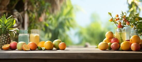 The lush summer garden displayed an array of tropical fruits on the wooden table, their vibrant...