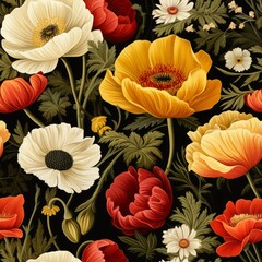 Vibrant poppy flower blooms seamless pattern in top view with natural beauty and elegance