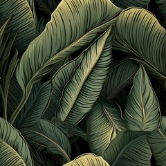 Seamless tropical pattern with green monstera, banana tree, and palm leaves on a dark background