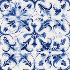 Geometric and floral azulejo tile mosaic pattern on retro portuguese or spanish wall tiles - obrazy, fototapety, plakaty