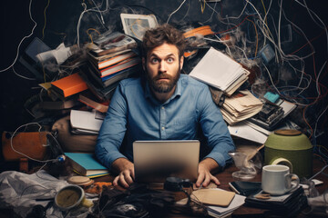 Man sitting with laptop with a ton of work piled up on him and desperately looking at the camera.