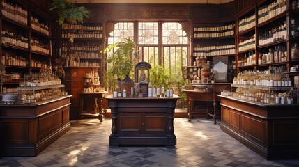 Fototapeta premium Interior of an old pharmacy, medicines on shelves, retro room with medical products