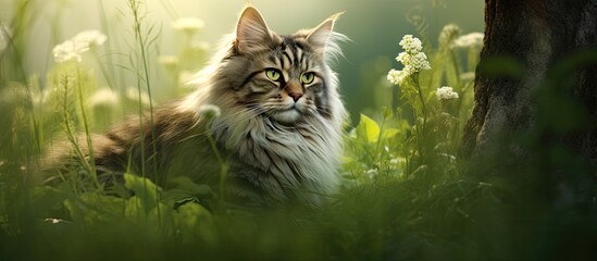 In the beautifully scenic background of a lush green nature, a cute and adorable cat with a stunning fur coat poses for an enchanting portrait as a beloved pet, showcasing its innate feline charm as a - obrazy, fototapety, plakaty