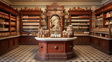 Interior of an old pharmacy, medicines on shelves, retro room with medical products