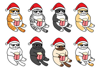 Funny cat breed Christmas and popcorn snack with thug life glasses black glasses kitten animal pet holiday cute cat Santa Claus xmas Christmas. illustration vector design clipart