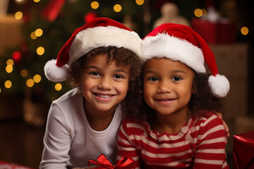 two siblings kids boy and girl together wearing santa's red hats, smiling, looking happy, having a hug on decorated christmas tree with lights blurred background