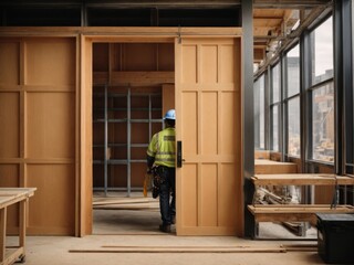 Builders Fitting Doors and Windows into a Newly Constructed House
