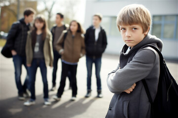 boy looking upset standing alone with his hands crossed with a group of kids on the background looking aggressive, bullying boy - obrazy, fototapety, plakaty