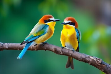 Obraz premium two little beautiful colorful birds in yellow, blue and brown colors sitting on a branch next to each other with blurred green trees background