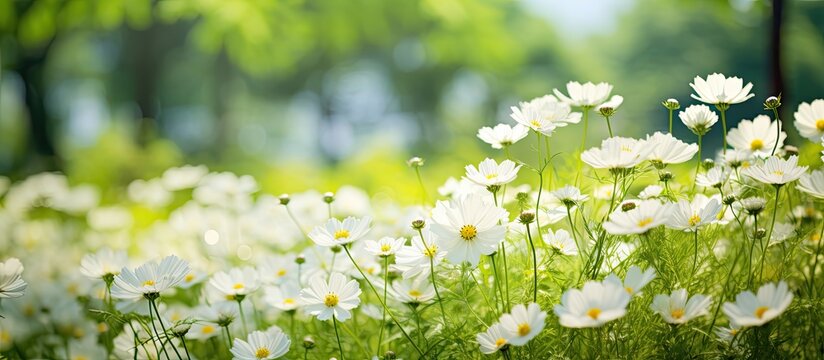 beautiful summer garden, the white flowers sway gracefully amidst the lush green grass, creating a stunning background that showcases the vibrant colors of nature. This enchanting sight not only