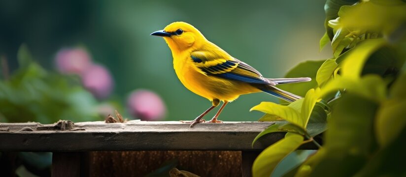 beautiful outdoor garden, surrounded by natures vibrant colors, a yellow bird perches on a branch, captivating birdwatching enthusiasts with its captivating weaving skills.
