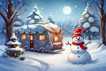 Trailer Mobile Home or Recreational van, Snowman in Winter Forest, Christmas and New Year concept and Winter Holiday, Copy space