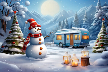 Trailer Mobile Home or Recreational van, Snowman in Winter Forest, Christmas and New Year concept and Winter Holiday, Copy space - obrazy, fototapety, plakaty