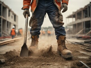 worker with shovel on the ground