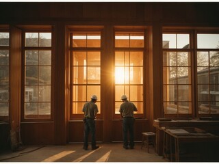 The process of installing windows in a new house. Builders building a new wooden house. Workers are installing a large panoramic window