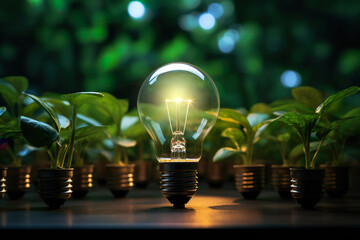 Green Bulbs, Environmental protection, renewable, sustainable energy sources. Energy-saving and environmental concepts on Earth Day - obrazy, fototapety, plakaty
