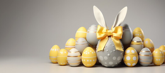 Easter Bunny of yellow eggs on gray pastel background. Easter holiday concept